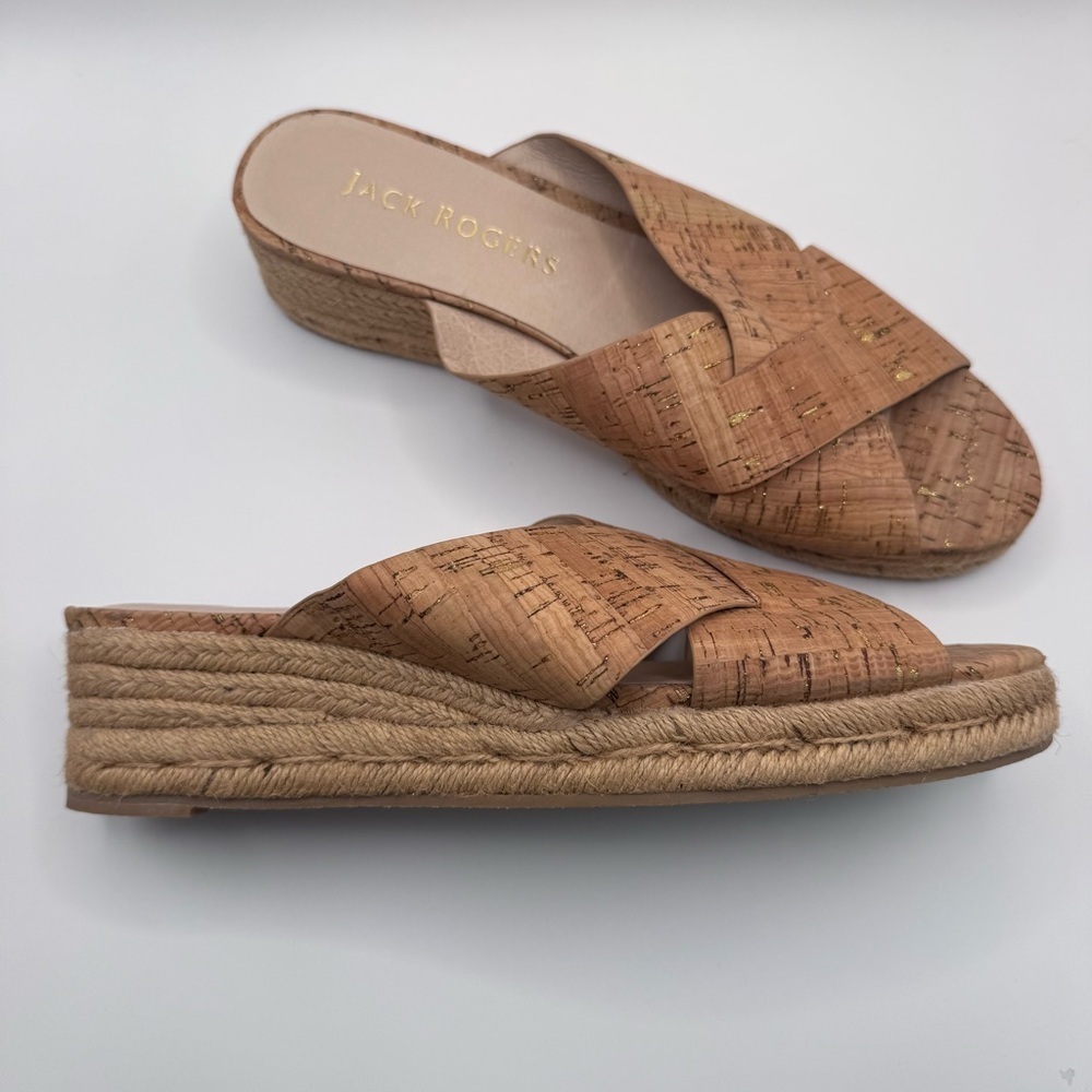 Jack Rogers Sloane Cork & Gold Wedge Espadrille Slip On Heeled Sandals Sz 10